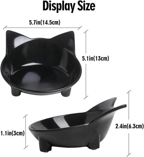 Set of four shallow black pet bowls with non-slip rubber bases for cats and small dogs