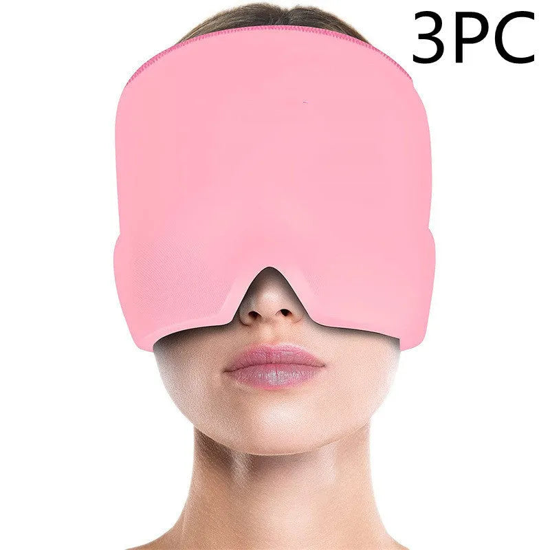 Black adjustable cold compress gel eye mask for headache relief on a plain background.