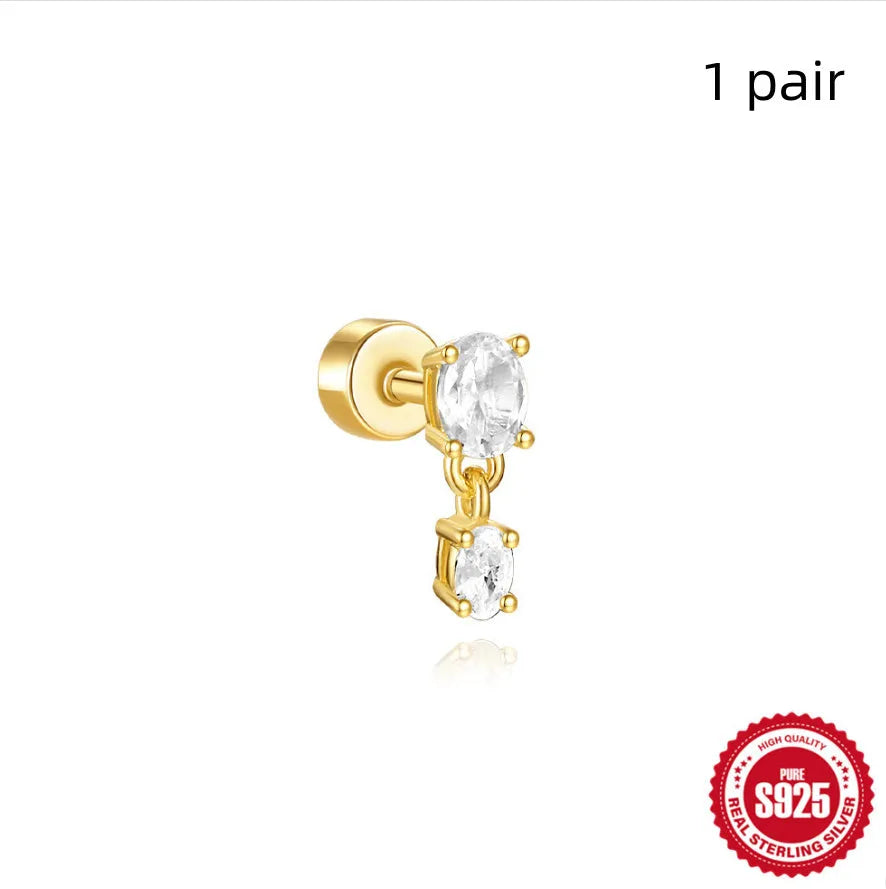 S925 sterling silver flat column geometric ear bone studs with thread detail in a gold colour finish