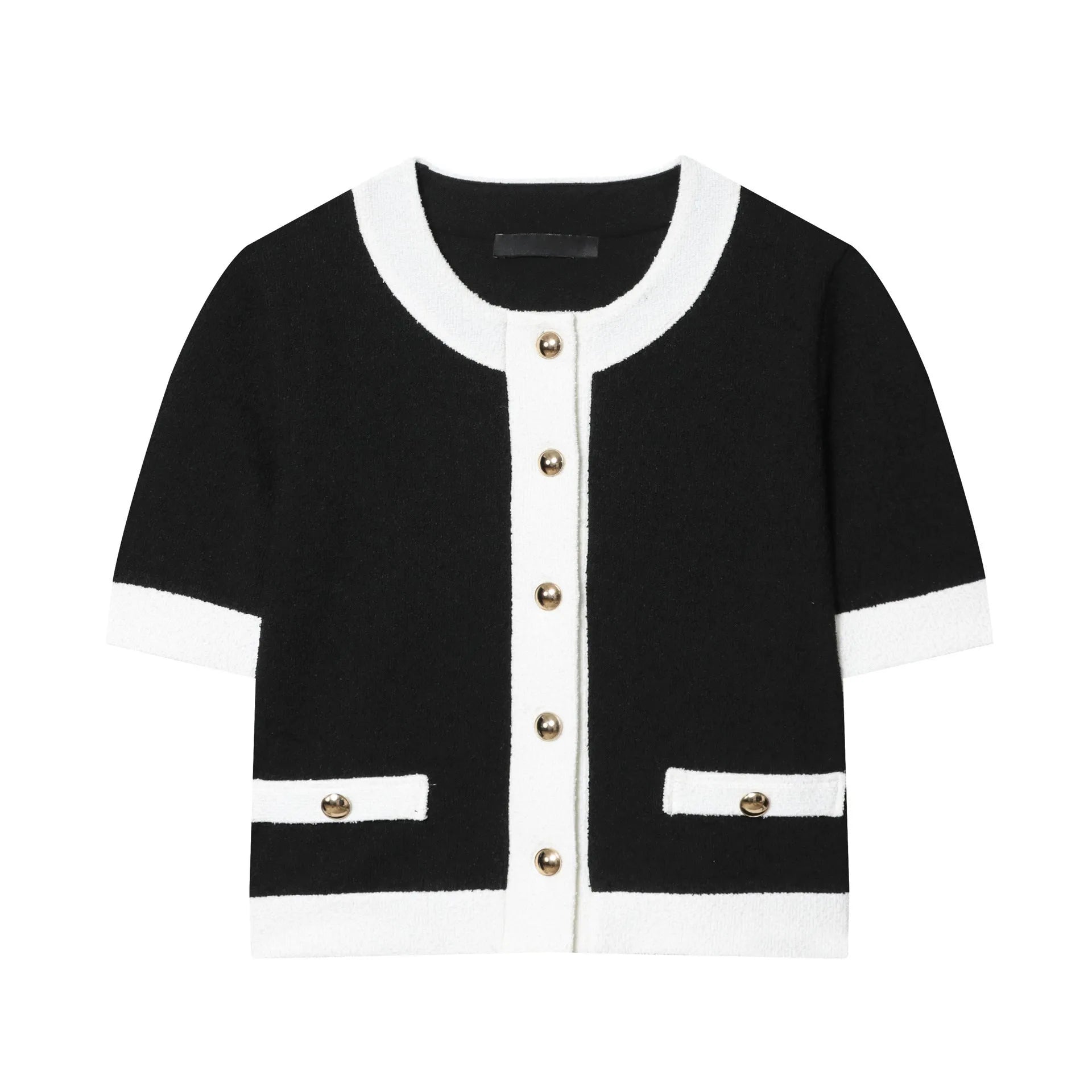 Women's beaded leather round neck top and high-waisted trousers suit in a casual street style.
