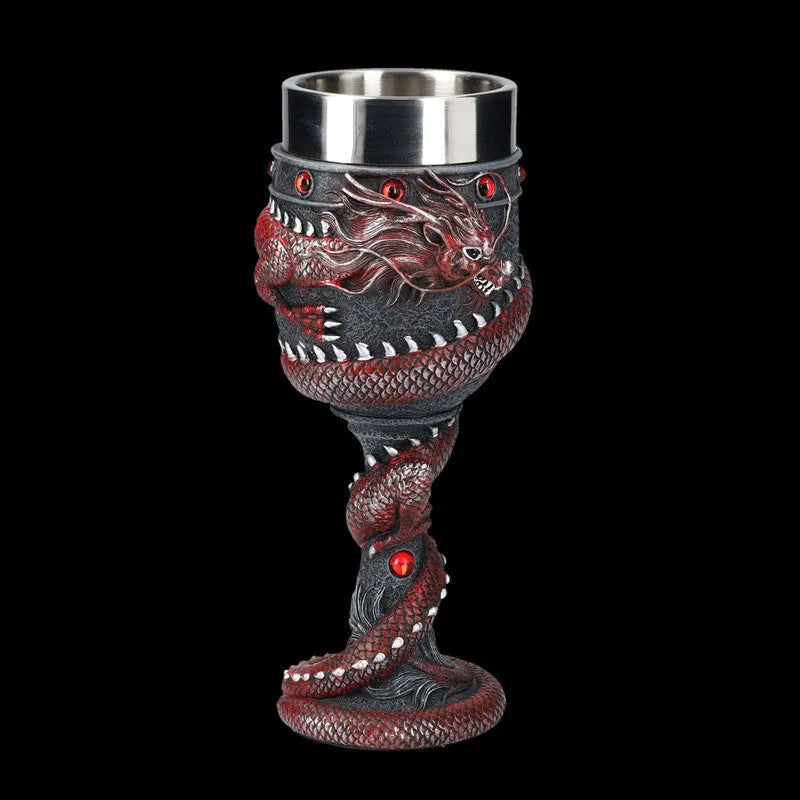 Chinese Dragon 3D stereo red wine glass in gold or red, 200ml capacity, stainless steel and resin construction.