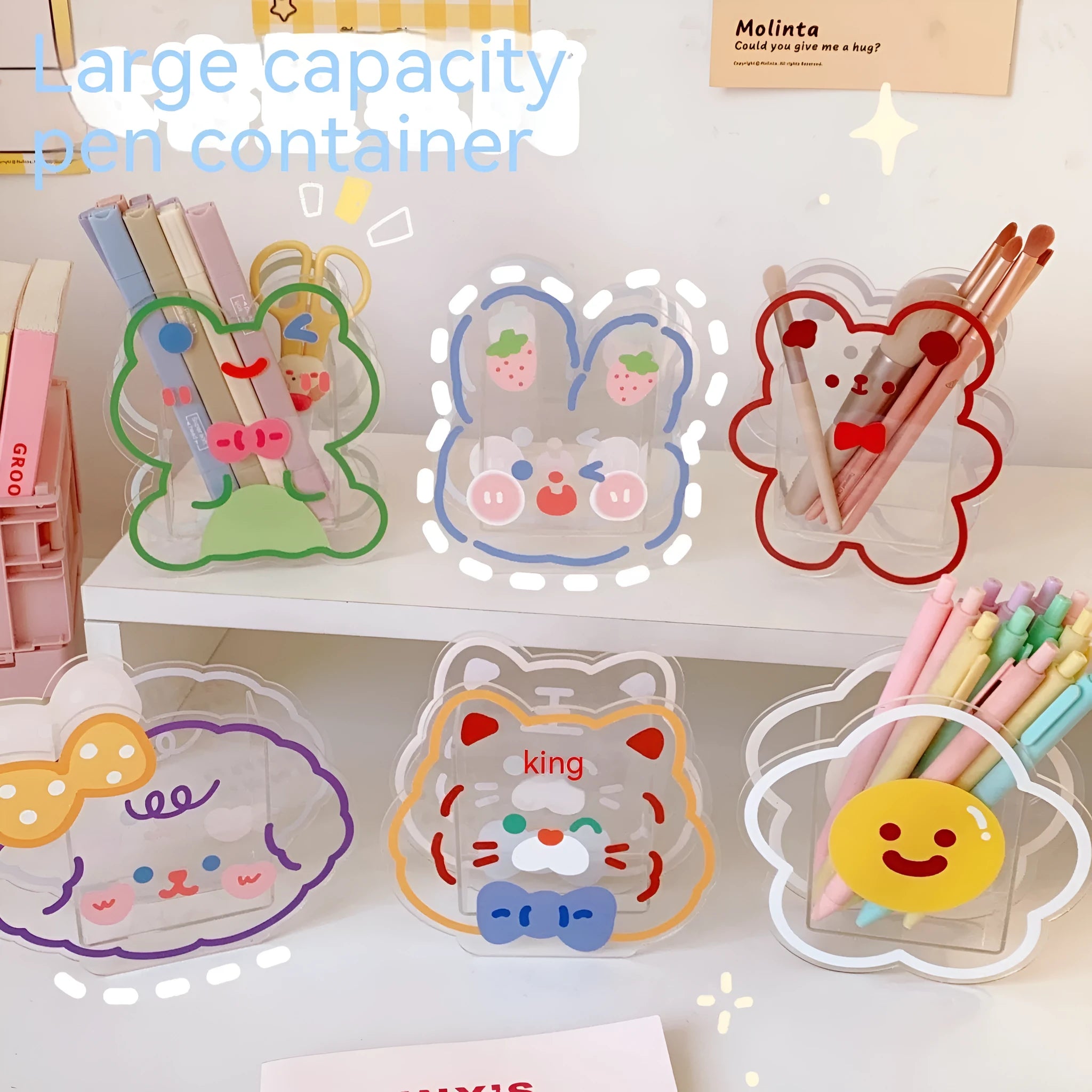 Square clear acrylic storage box with cute character theme decoration for desk organisation