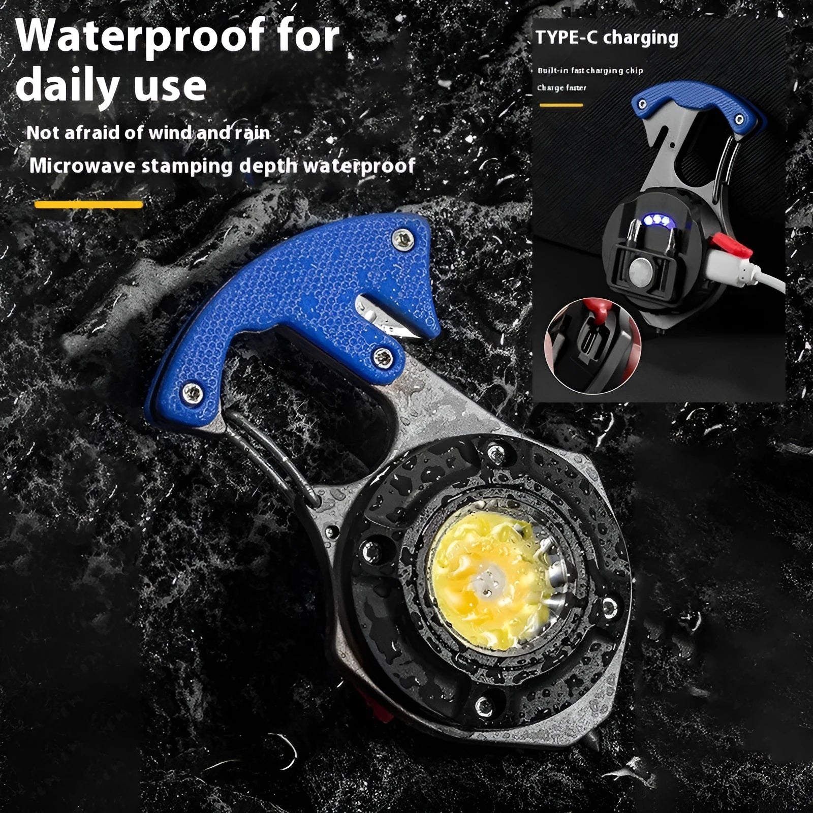 Portable multifunctional keychain rechargeable flashlight with window-breaking hammer and screwdriver tools.