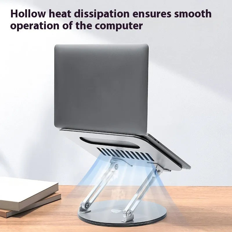 Silver aluminium laptop stand with rotatable base and height adjustment mechanism