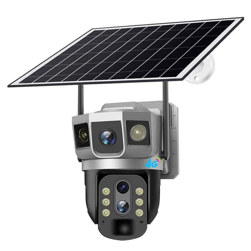 V380 outdoor security camera with solar panel, featuring 10x zoom and 4G connectivity