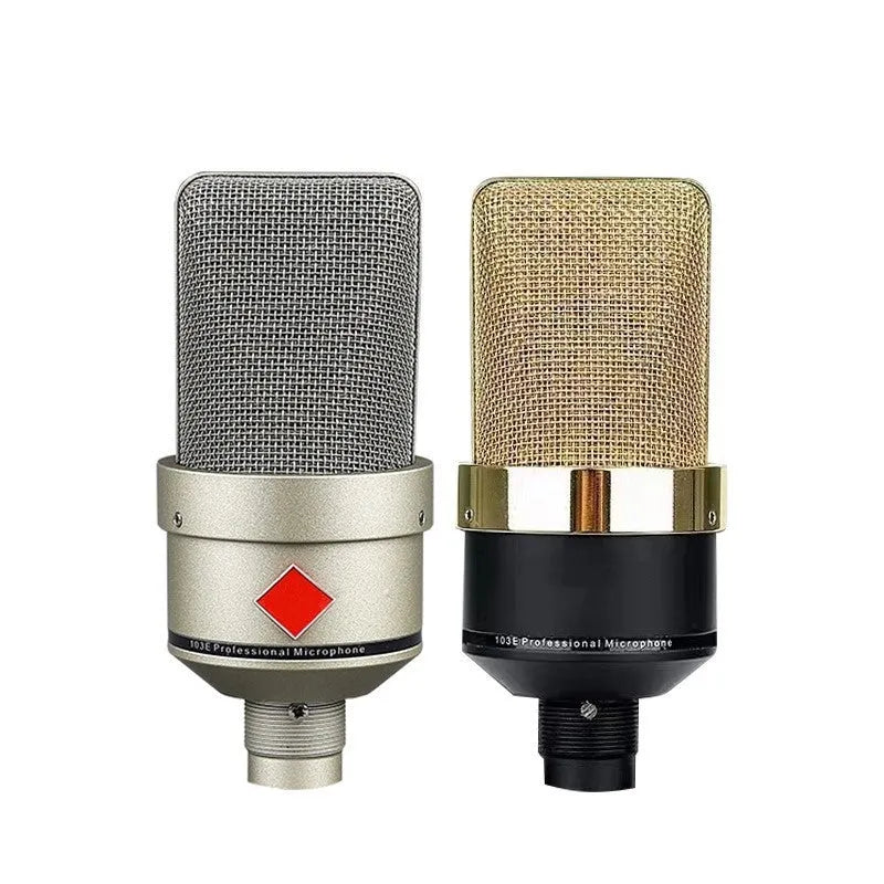 Wired condenser microphone with stand in black gold or champagne gold finish for vocal recording and broadcasting.