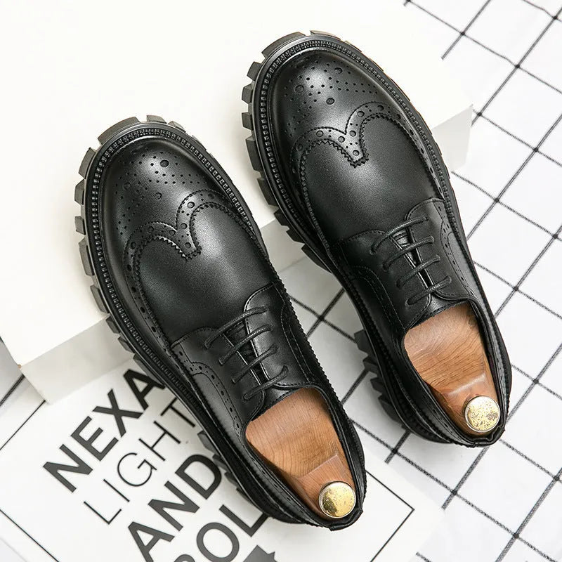 Men's black and brown artificial PU brogue shoes with round toe for business formal wear