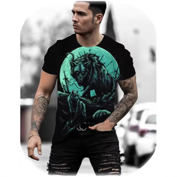 Man wearing a retro 3D animal print short-sleeved T-shirt made from lightweight polyester fabric.