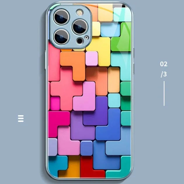 Geometric colour-block cartoon design on a silicone back cover case for an iPhone.
