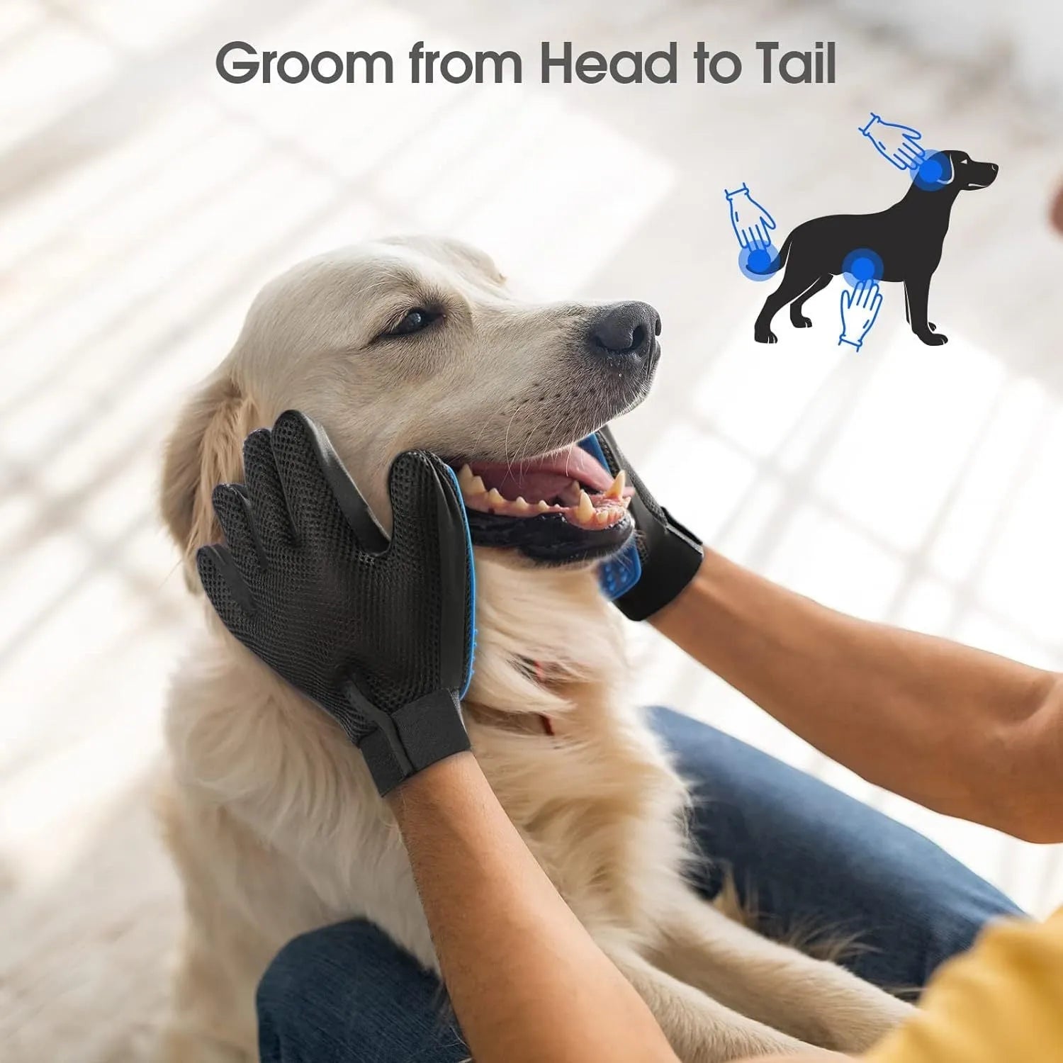 Blue pet grooming gloves with silicone tips for removing hair from dogs cats horses