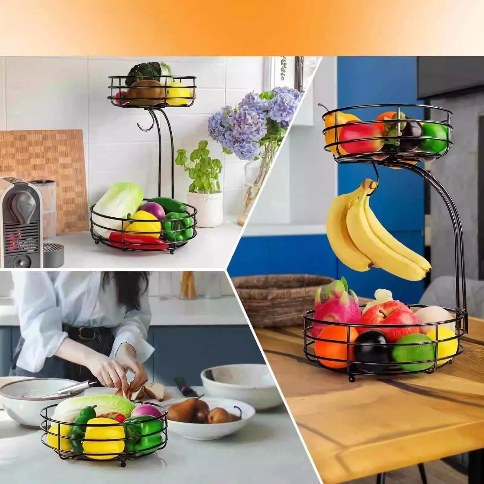 Black and gold double-layer wrought iron fruit and vegetable storage basket