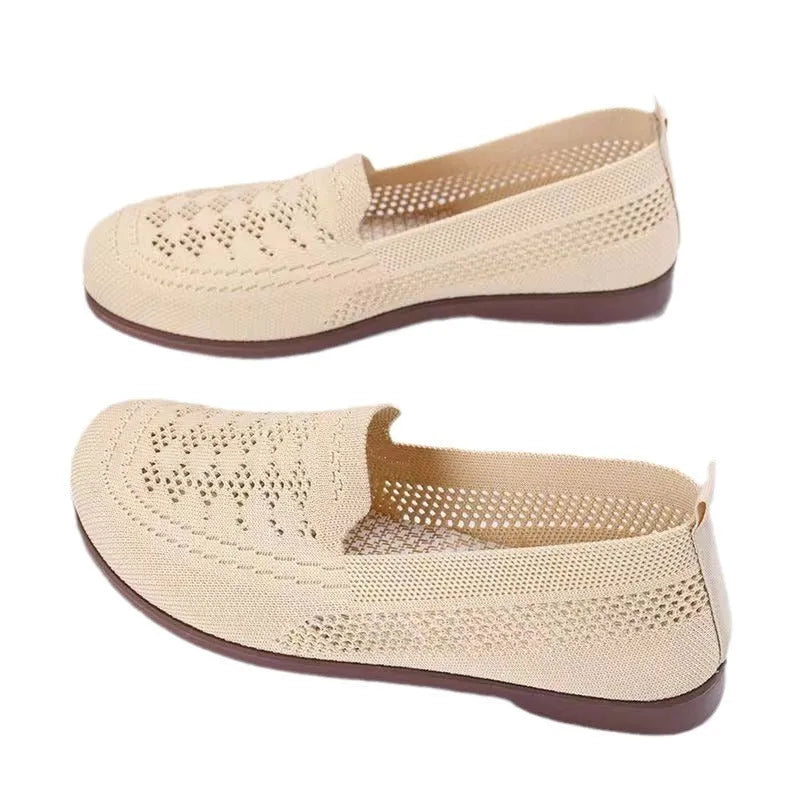 Beige women's low-top mesh casual shoes with a round toe and lightweight PVC sole.