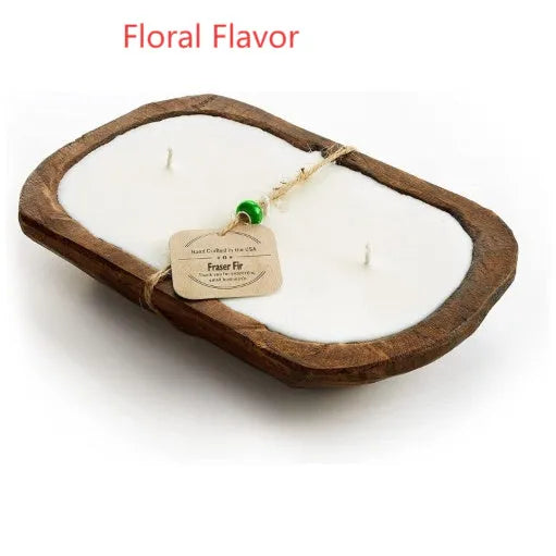 Retro wooden basin container with a triple-wick soy aromatherapy candle in lavender scent
