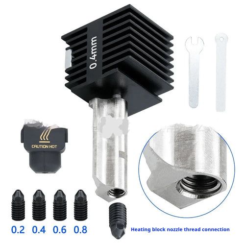 Bambu Lab A1 Mini 3D printer hardened steel nozzle hot end kit with four nozzle sizes and black silicone sleeves.