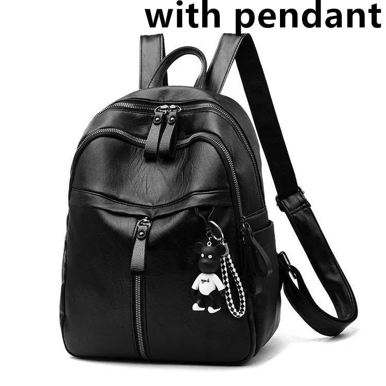 Black PU leather backpack with 20-35L capacity showing zipper opening and double straps