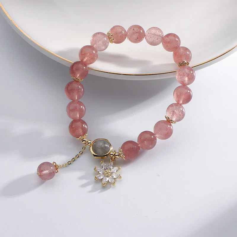Strawberry quartz crystal bracelet with floral Mori style design and electroplated finish