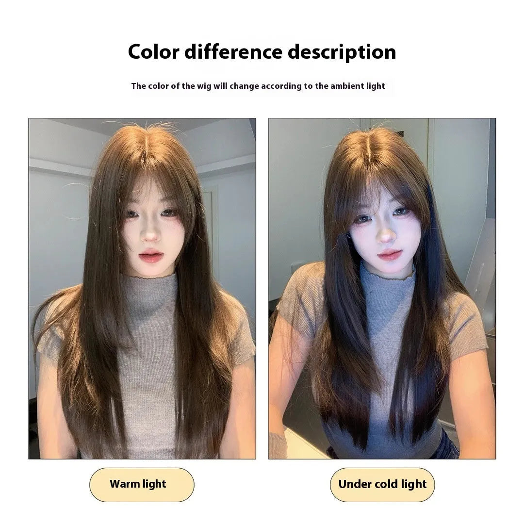 Full-head layered long straight hair wig in cold brown colour with natural styling