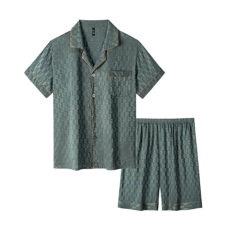 Men's ice silk summer pyjama set with cardigan top and shorts in satin jacquard pattern