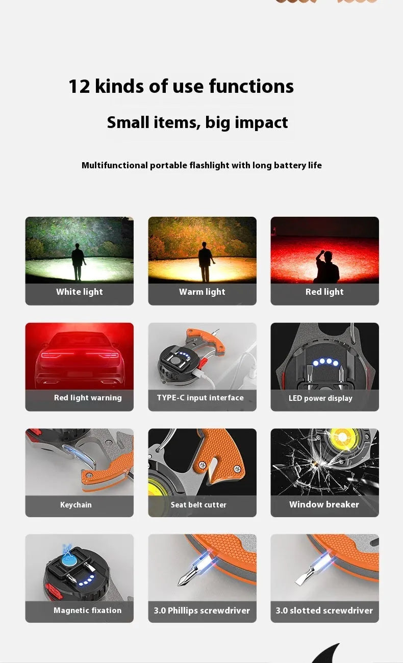 Portable multifunctional keychain rechargeable flashlight with window-breaking hammer and screwdriver tools.