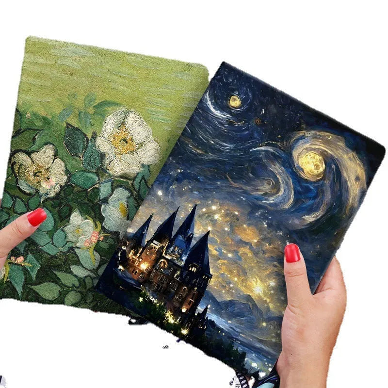 Handmade liquid silicone iPad flip case with custom floral oil painting design in Apricot Flower colour.