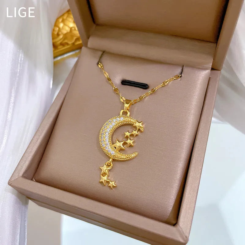 Geometric moon pendant diamond necklace with tassel chain in stainless steel and copper