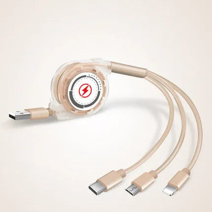 Telescopic charging cable extended to 120cm with 3-in-1 connectors in choice of colours