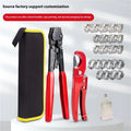 Red cloth pouch containing PEX clamp tool set with single ear clamp