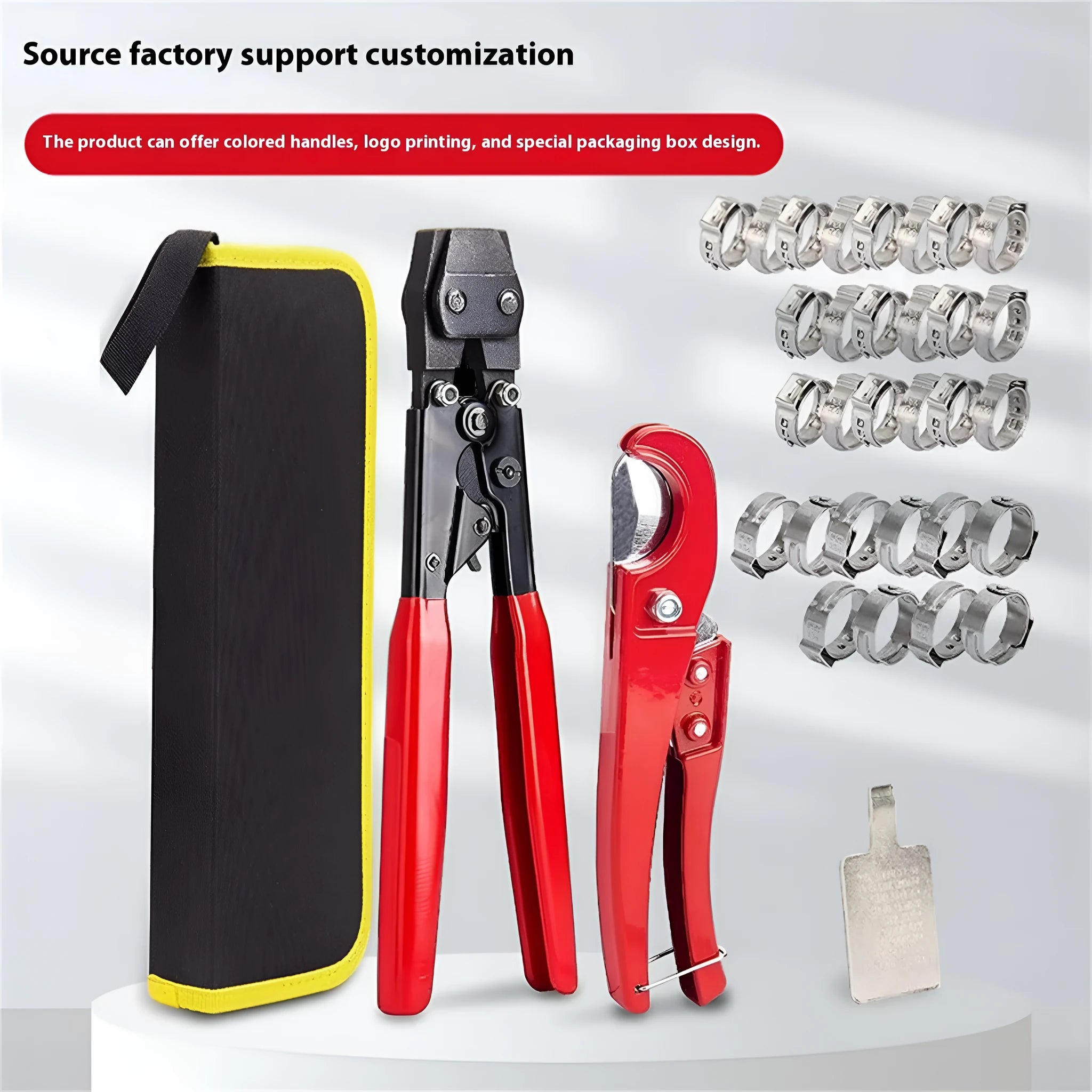 Red cloth pouch containing PEX clamp tool set with single ear clamp