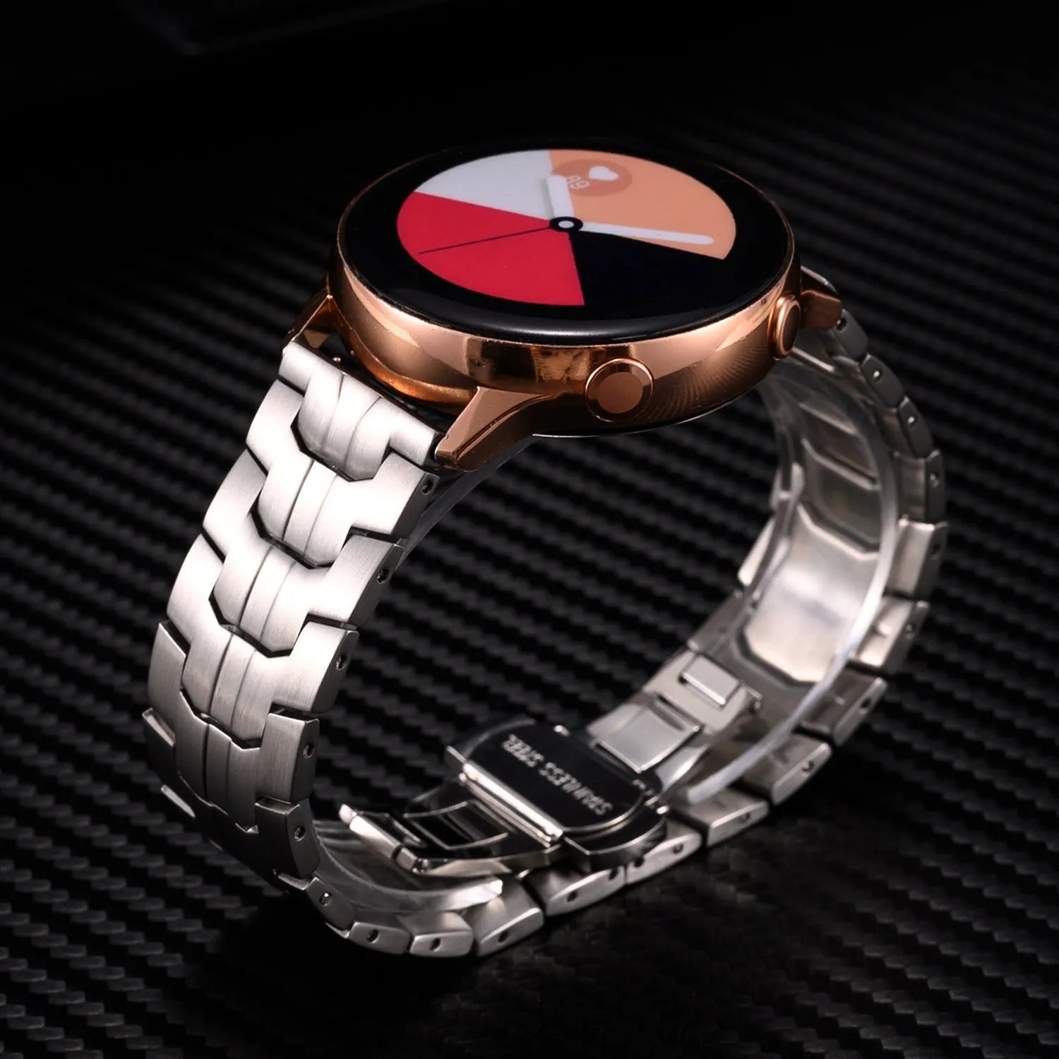 Stainless steel replacement watch band for Samsung Watch models in silver and black colour options