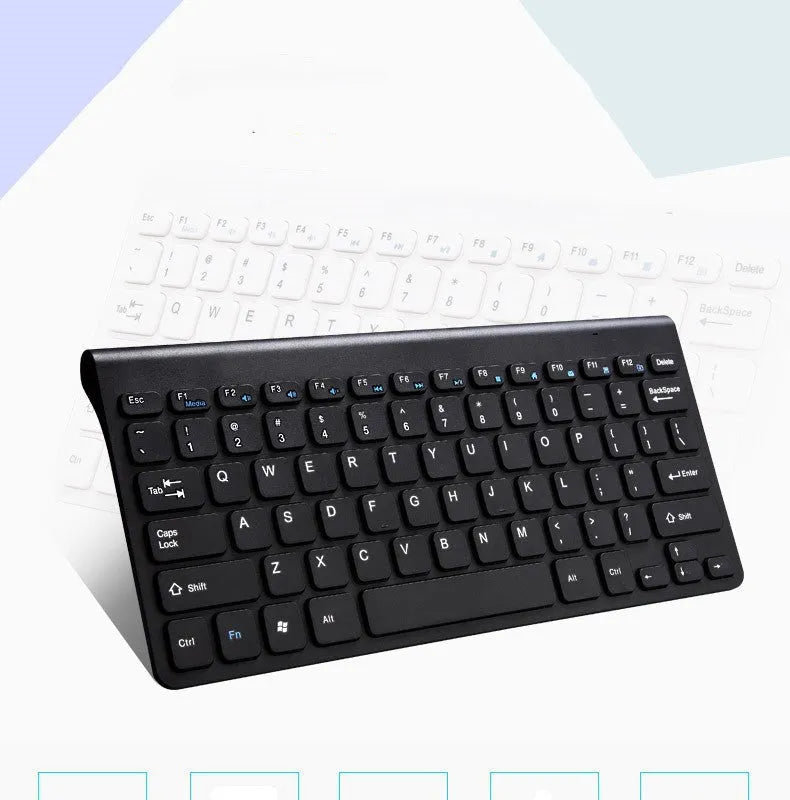 Black and white wireless keyboard and mouse set with 78-key compact layout and 4-button mouse