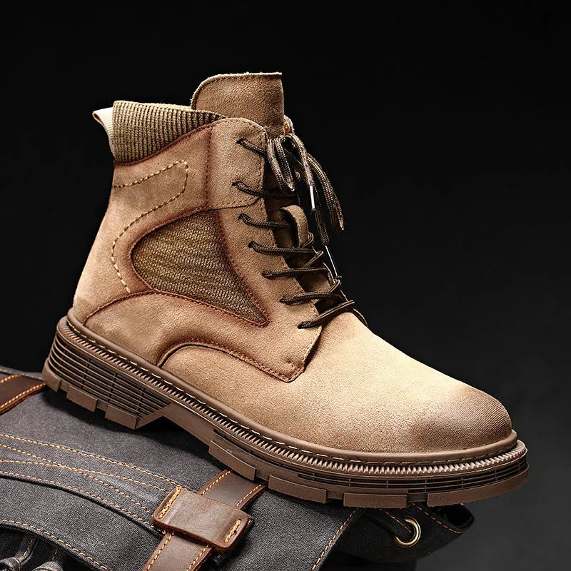Men's vintage style Martin boots with frosted leather finish and low thick heel