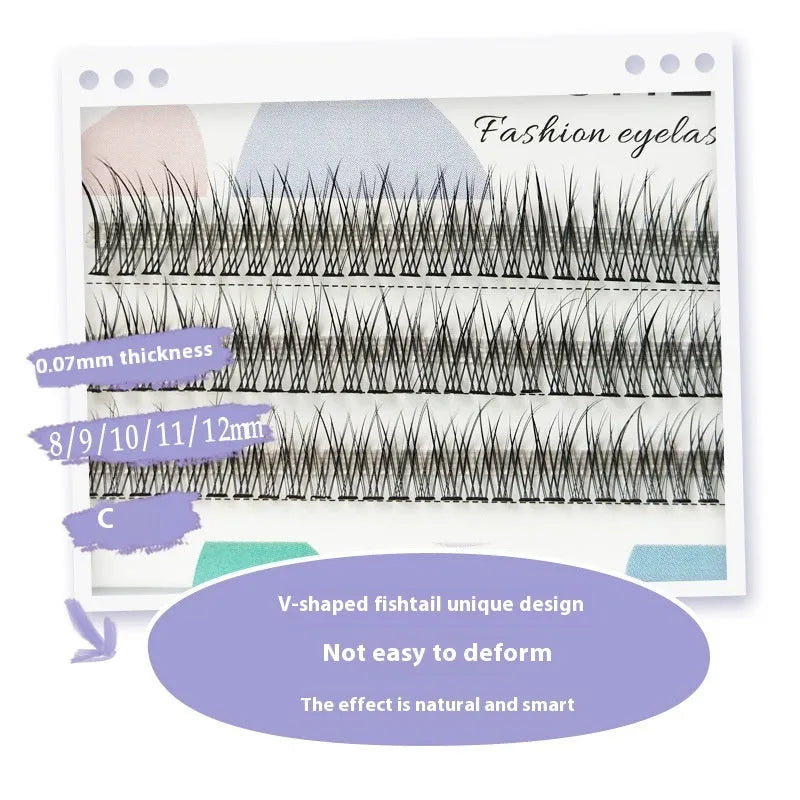 Black V-shaped fishtail false eyelashes showing thick segment design on a clear band.