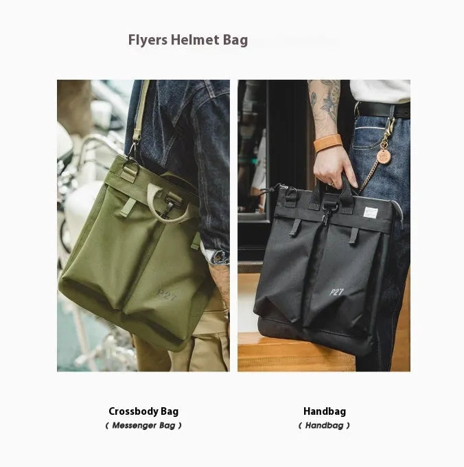 Canvas crossbody messenger bag in military green with shoulder strap showing vertical square shape and zipper closure