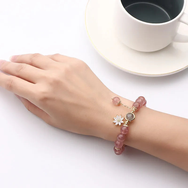 Strawberry quartz crystal bracelet with floral Mori style design and electroplated finish