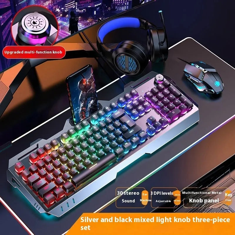 Aluminium mechanical-feel keyboard with control knob in silver black or metal grey colour with RGB lighting