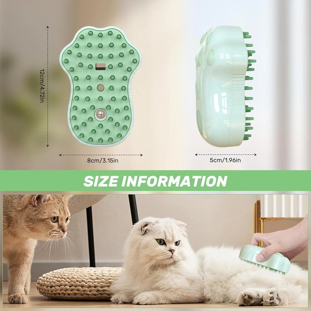 Blue self-cleaning cat steam brush with silicone massage bristles and a release button.