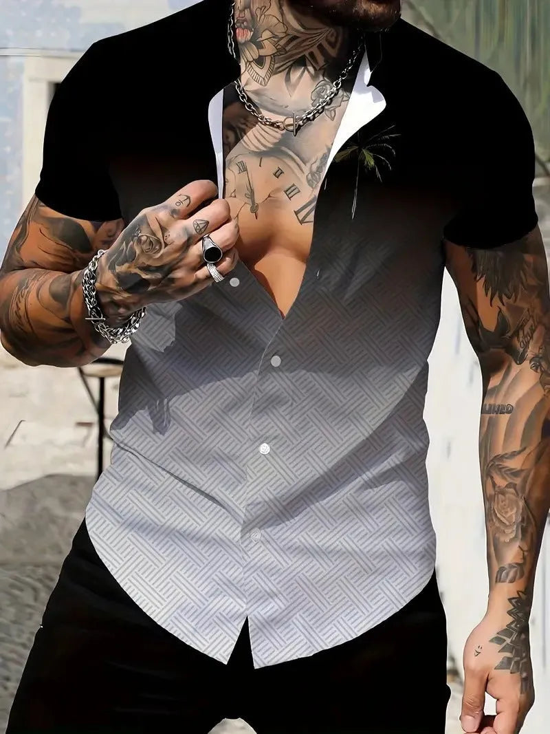 Men's slim fit short sleeve shirt with geometric line printing on the lapel, shown in a casual summer style.