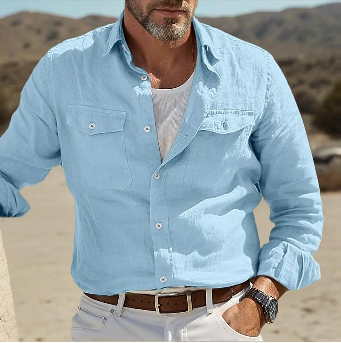 Men's long-sleeved cotton linen summer shirt in loose fit showing green colour option
