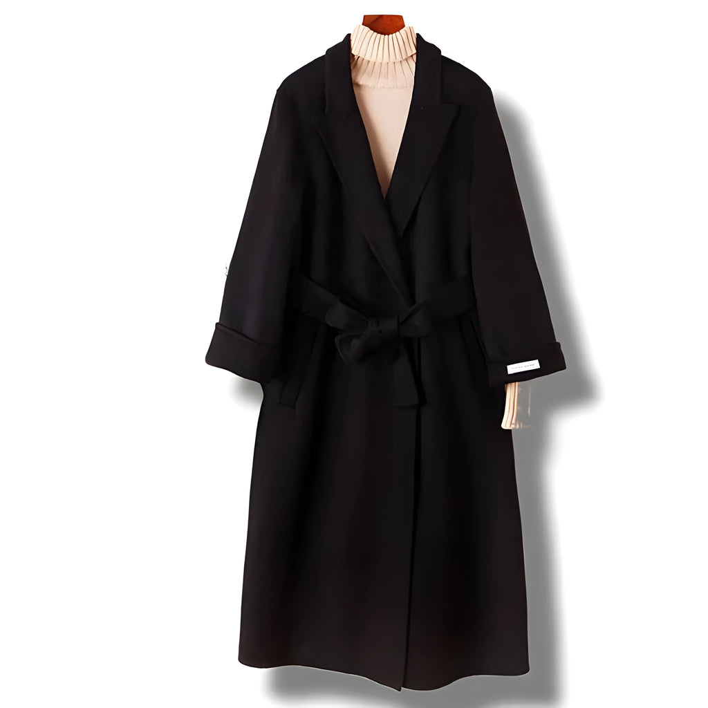 Men's tailored wool coat with long suit collar in black and caramel colour options