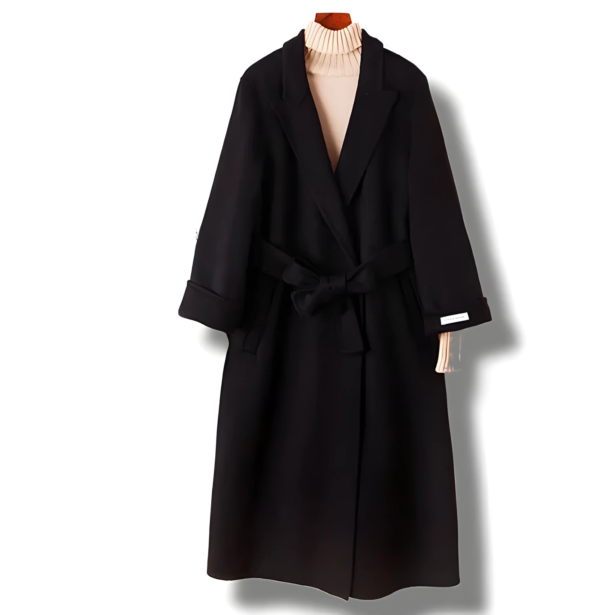 Men's tailored wool coat with long suit collar in black and caramel colour options