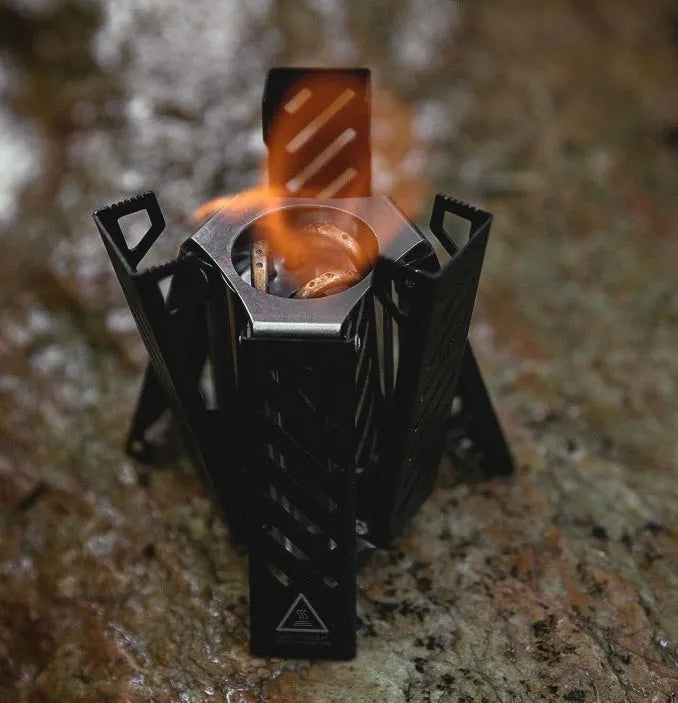 Hexagon foldable alcohol stove in black or silver colour with aluminium alloy construction