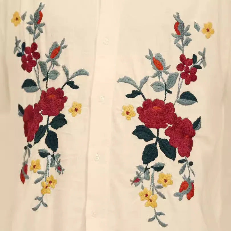 Men's apricot summer shirt with vintage floral print and loose fit
