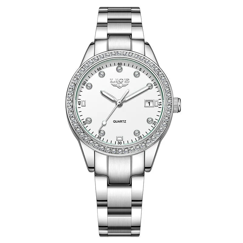 Women's fashion quartz watch with stainless steel case, diamond bezel, and luminous hands in silver colour options