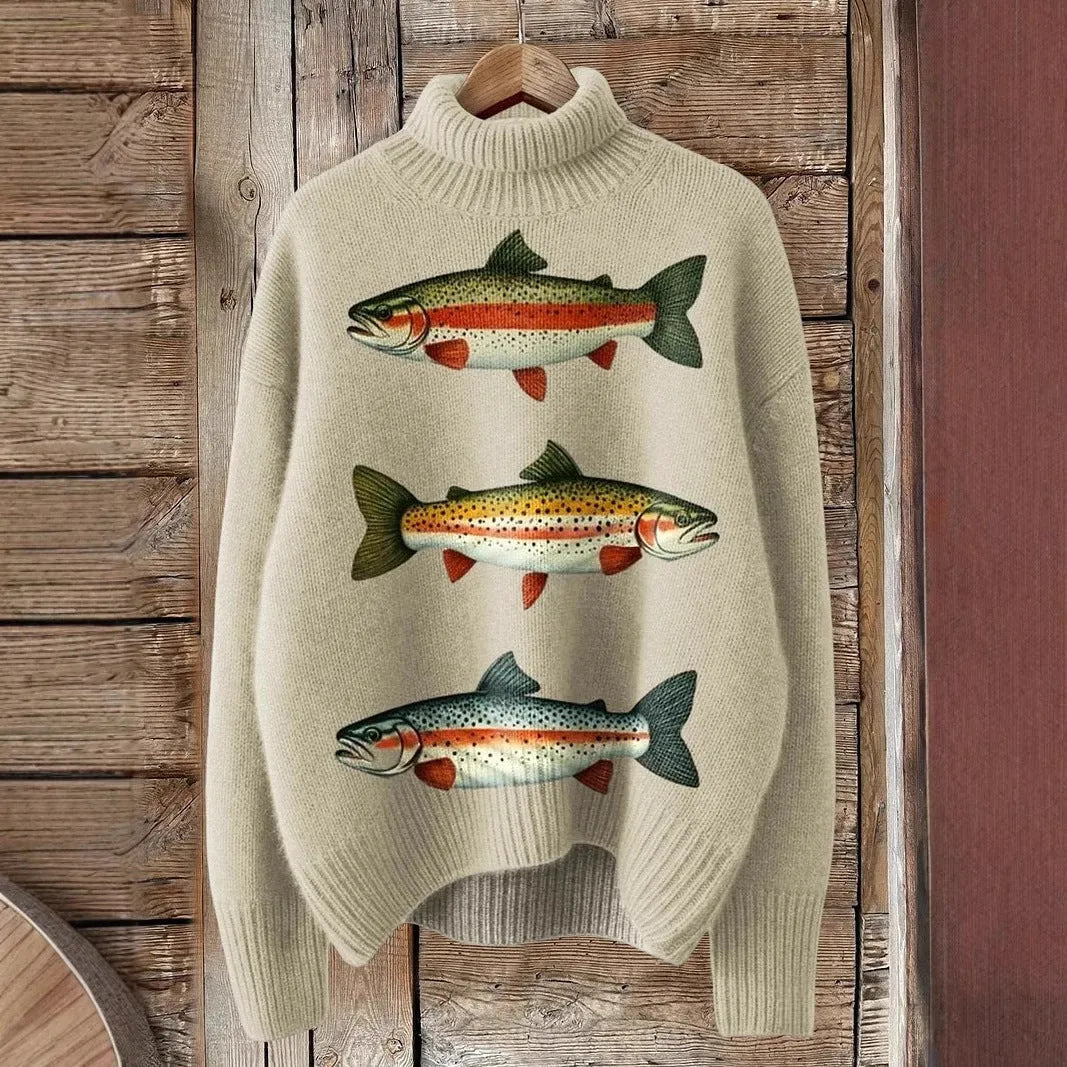 Women's loose fit Christmas print turtleneck sweater in a soft macaron colour.