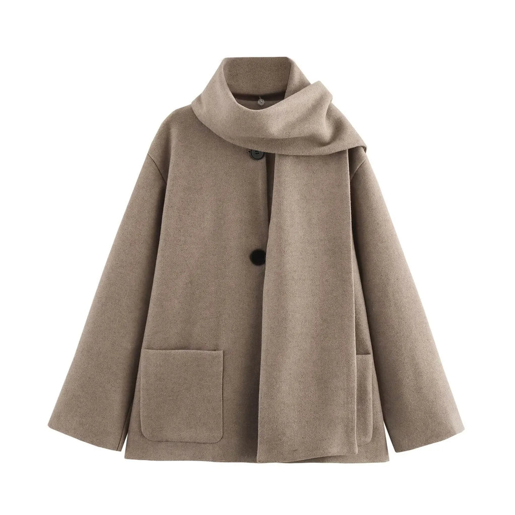 Women's lengthened 100cm polyester scarf overcoat with artificial fur collar in street fashion style