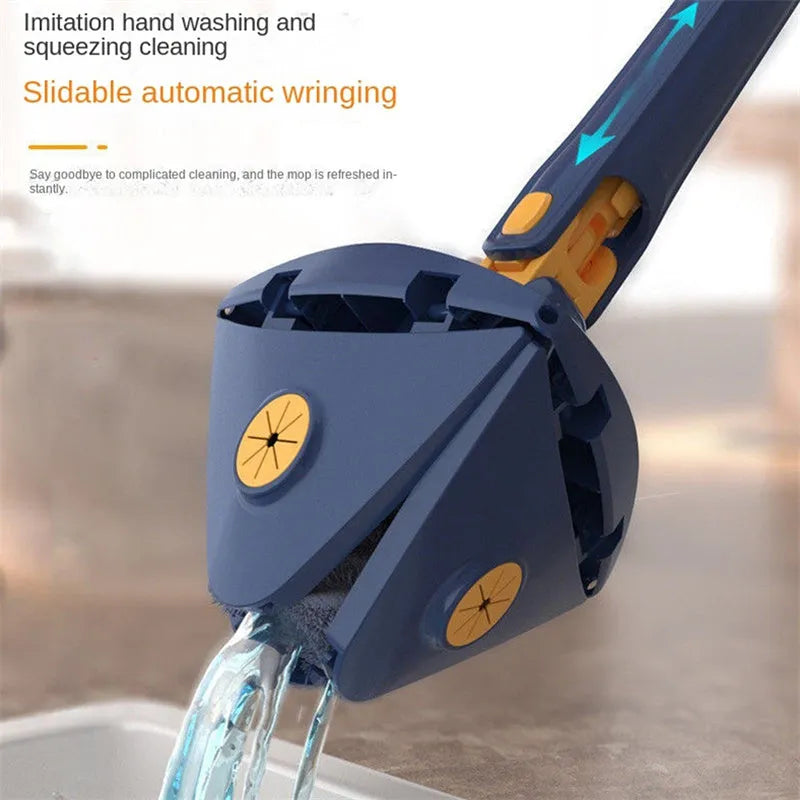 Blue extendable triangle cleaning mop with rotating head on a stainless steel pole for floors and walls.
