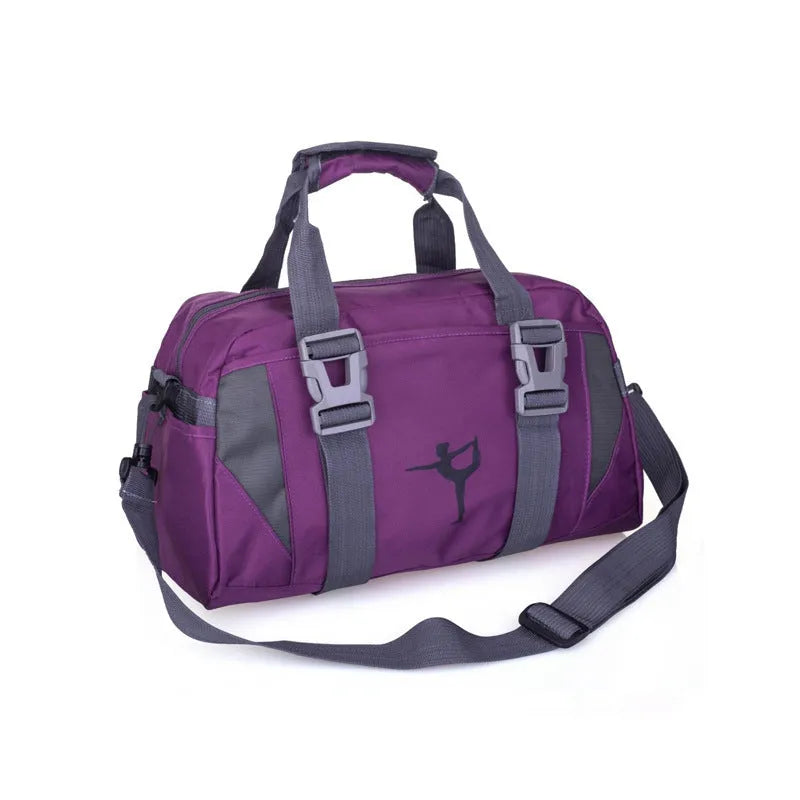 Nylon gym and yoga sports holdall in medium or large size, shown in various colours including black, blue, green, pink, and purple.