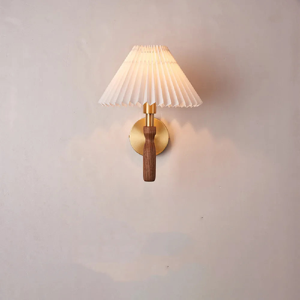 American retro style wall lamp with rubber wood frame and fabric shade in walnut wood colour