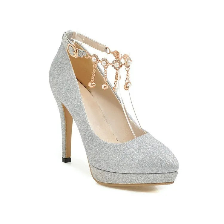 Women's blue platform high heels with stiletto heel and pointed toe on a plain background.