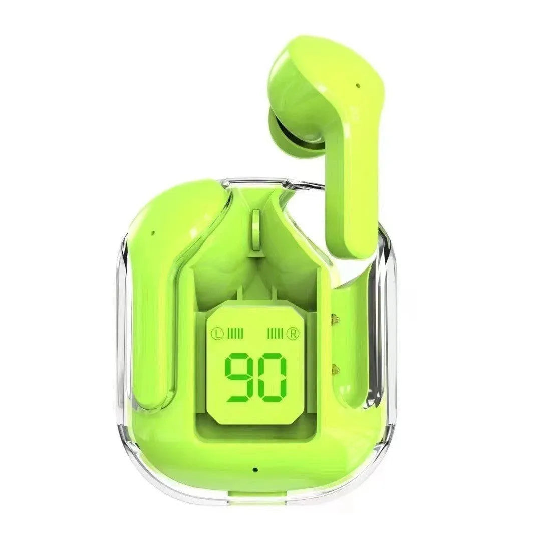 Transparent space capsule true wireless Bluetooth headset with digital display and plastic case in various colours